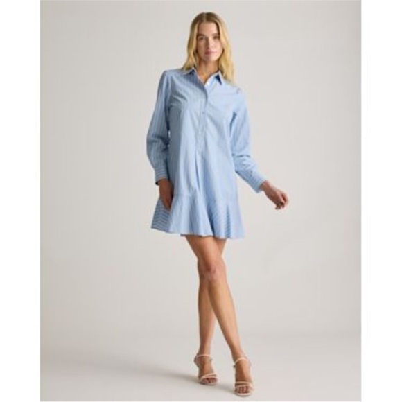 Quince 100% Organic Cotton Poplin Drop Waist Shirt Dress Blue Stripe size medium - Picture 2 of 11